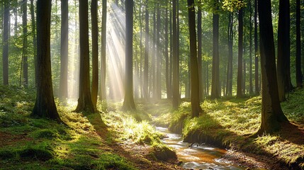 Sunbeams illuminate a forest stream, creating a magical atmosphere.