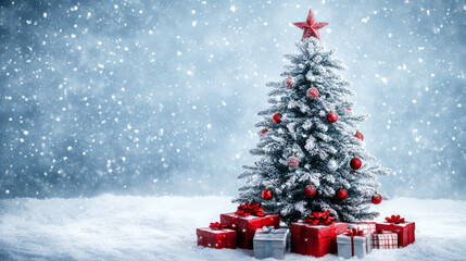 Obraz premium Christmas tree and snow background. Gorgeous elegant Christmas tree with gifts in red and silver on a panoramic snow background