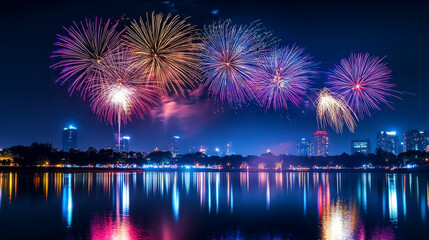 Abstract burst of gold and red fireworks in a dark sky, casting brilliant reflections over a calm lake, embodying the celebration of Diwali.