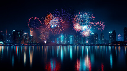Fototapeta premium Abstract burst of gold and red fireworks in a dark sky, casting brilliant reflections over a calm lake, embodying the celebration of Diwali.