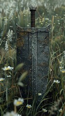 Rusted Sword and Shield in a Field