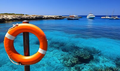 A bright orange lifebuoy hangs on a post in front of a calm, turquoise sea, with several small boats anchored in the distance. The water is crystal clear, revealing the sea floor below.