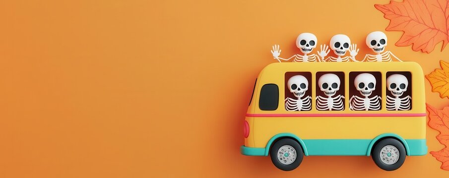 Colorful skeleton bus with cheerful skeletons, festive Halloween theme, orange background.
