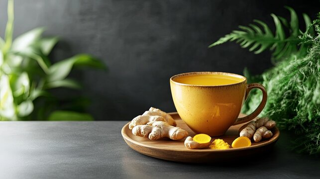 A cup of golden turmeric tea on a wooden plate, with fresh ginger root and turmeric root, on a gray surface, with green leaves in the background.