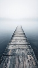 Obraz premium Wooden pier in foggy lake, tranquil morning