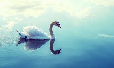 Fototapeta premium A graceful white swan swims on a calm blue lake with its reflection mirrored in the water, under a cloudy sky.