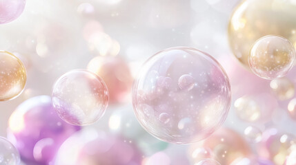 A composition of floating translucent spheres in soft tones of pink, lavender, and gold