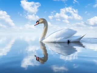 Fototapeta premium A graceful white swan swims on a tranquil lake with a blue sky and white clouds above. Its reflection is visible in the water.