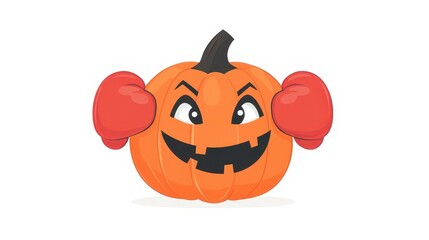 A playful jackolantern dons bright red boxing gloves, ready to throw punches in a vibrant vector style.