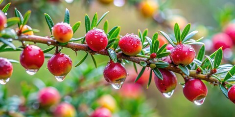 Obraz premium Detail of wet manuka fruit capsules and branches after the rain , manuka, fruit, capsules, branches, wet, rain, nature, detail