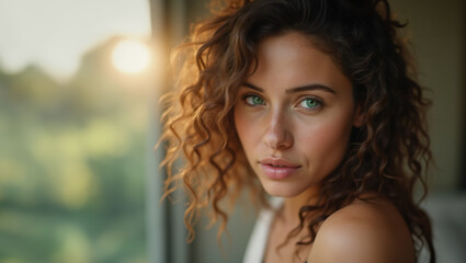 Naklejka premium A beautiful young woman with curly hair gazes over her shoulder at the camera. Soft natural lighting highlights her green eyes and glowing complexion, with a blurred outdoor background during sunset.