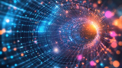 Obraz premium Abstract digital vortex with glowing particles and lines representing technology and energy.