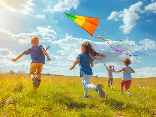 Rearview of happy joyful diverse boys and girls, kids playing outdoors, running and flying kite in...