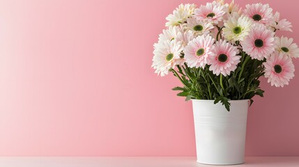 Obraz premium A vibrant bouquet of pastel flowers in a white pot against a solid pink background. The atmosphere is uplifting and serene. Greetings and Wishes Concept