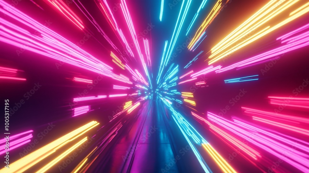 Aufkleber 3D render of a colorful abstract background with a spectrum of neon rays and glowing lines, creating a bright and dynamic visual experience