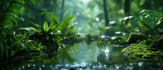 Fototapeta premium Submerged Sphere in a Lush Forest Setting