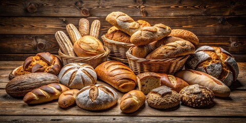 Variety of freshly baked breads displayed on a wooden table , bread, bakery, assortment, crusty, artisan, homemade, rustic