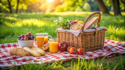 Picnic basket with food and drinks spread out on a blanket, picnic, basket, outdoor, food, drinks, blanket, relax, leisure, summer