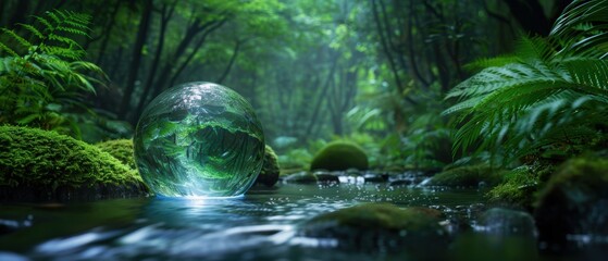 Lush Forest Scene with Sparkling Stream Reflection