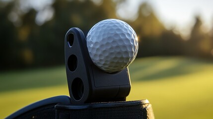 A close-up view of a golf ball perched on a tee against a serene background, showcasing the tranquility of golfing outdoors.