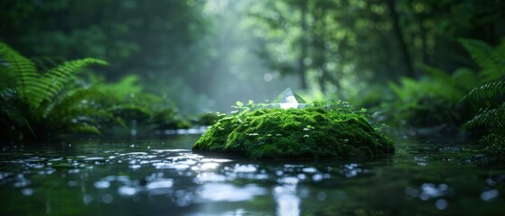 Fototapeta premium Tranquil Forest with Sparkling Stream and Lush Vegetation