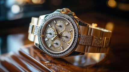 A luxury watch with diamond-encrusted detailing, displayed elegantly on a wooden surface.