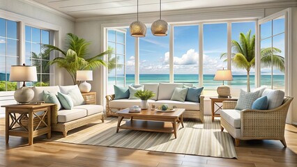 Fototapeta premium Experience luxurious beachside living with an elegant coastal furniture set, transforming your space into bright, airy
