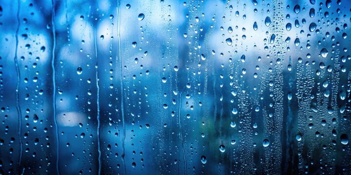 Raindrops streaking down a window, creating a calming and serene blue tone , Raindrops, Window, Water droplets, Blue, Tone, Glass