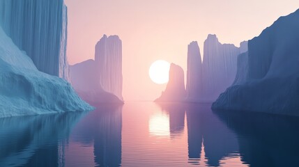 3D render of a futuristic landscape with dramatic cliffs and tranquil water, set against a modern minimal abstract background with sunset light