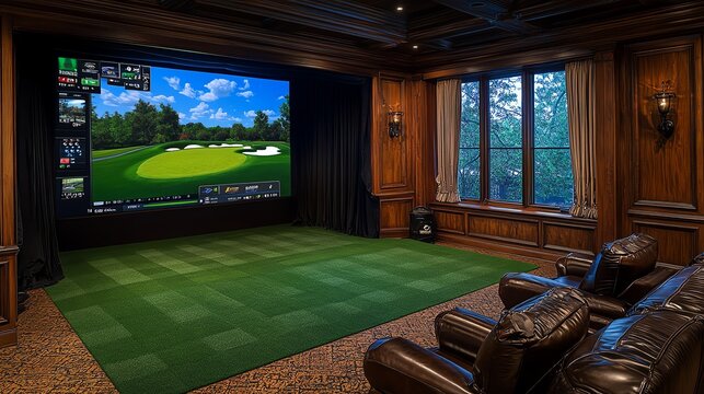 A luxurious home golf simulator room featuring a large screen, green turf, and comfortable seating for an immersive experience.