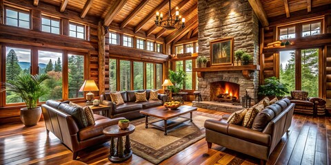 Fototapeta premium Experience sumptuous log cabin furniture with rustic elegance, designed to foster a cozy ambiance, seamlessly blending