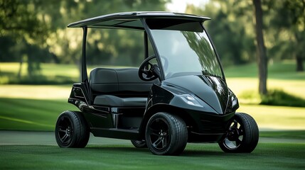 A sleek black golf cart parked on a lush green golf course, showcasing its modern design and outdoor appeal.