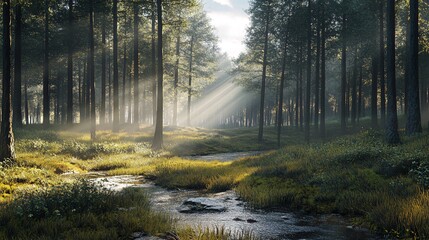 Obraz premium Sun rays illuminate a misty forest path with a stream winding through the greenery.
