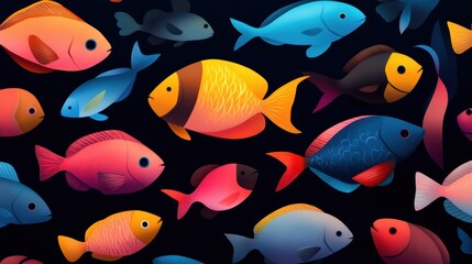 Naklejka premium A vibrant array of bioluminescent deep sea fish swimming through the dark depths, showcasing biodiversity in the deep ocean