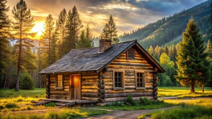 Rustic log cabin nestled in a serene natural setting, exuding warmth and charm, log cabin, rustic, cozy, natural, atmosphere, warm
