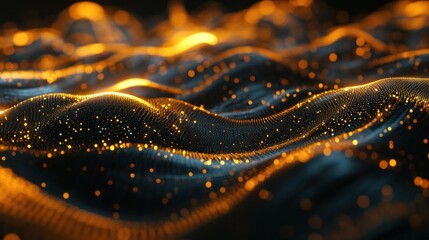Abstract visualization of flowing waves with glowing particles, creating a dynamic effect.