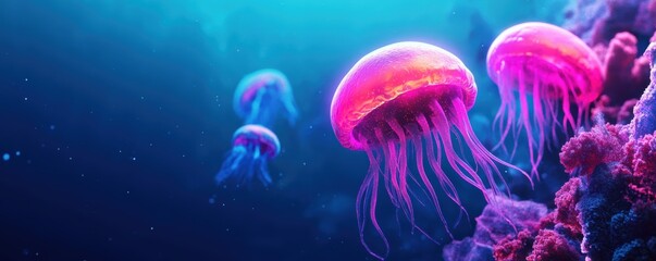 Naklejka premium Bioluminescent deep sea creatures of many shapes and sizes, lighting up the deep ocean in a dazzling display of biodiversity