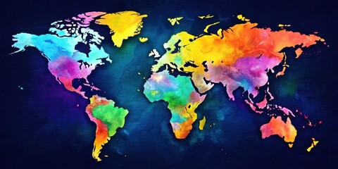 Naklejka premium Abstract vibrant world map in colorful hues, abstract, vibrant, world map, colors, cartography, globe, continents