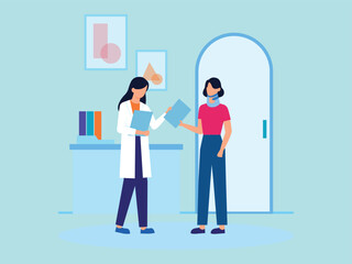 Patient in doctor office. Physician medical consulting. Diagnosis treatment patients in hospital, healthcare vector concept. Diagnosis patient and care, treatment healthcare illustration