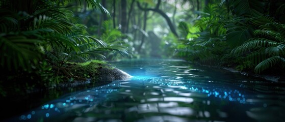 Obraz premium Lush Forest with Half Submerged Water and Sparkling Light