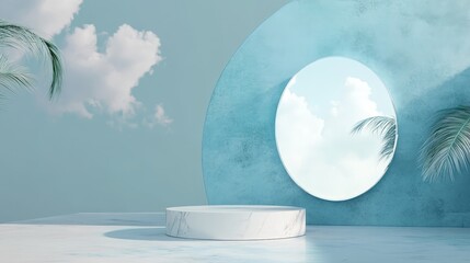 3D render of a minimalist podium on a pastel blue and white abstract background. Geometric shapes create a stylish look,