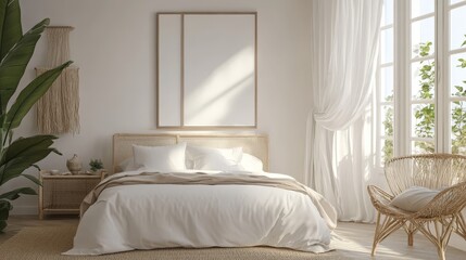 3D render of a minimalist mockup frame in a light-filled bedroom with coastal boho featuring rattan furniture and airy curtains