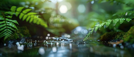 Fototapeta premium Sparkling Stream with Submerged Ferns and Gentle Water