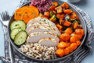 Obraz premium A balanced plate for diet control, with lean turkey, roasted vegetables, and brown rice, served in appropriate portions to promote healthy eating habits.