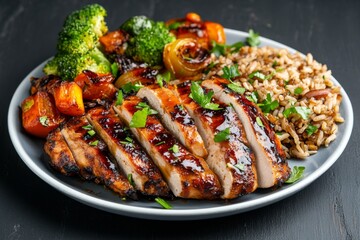 A balanced plate for diet control, with lean turkey, roasted vegetables, and brown rice, served in appropriate portions to promote healthy eating habits.