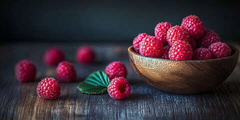 Fresh red raspberries in a wooden bowl on a rustic table.