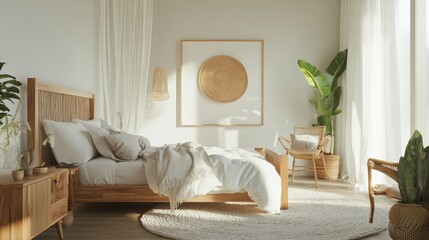 3D render of a mockup frame in a cozy coastal boho bedroom, featuring light wood furniture, potted plants, and airy white curtains
