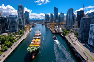 Fototapeta premium A busy urban metropolis harbor, where cargo ships dock next to skyscrapers and cranes, highlighting the industrial heart of the city.