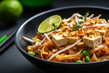 A close-up of a vegetarian pad Thai dish, with tofu, bean sprouts, and peanuts, served hot and garnished with lime and chili powder during the Vegetarian Festival.