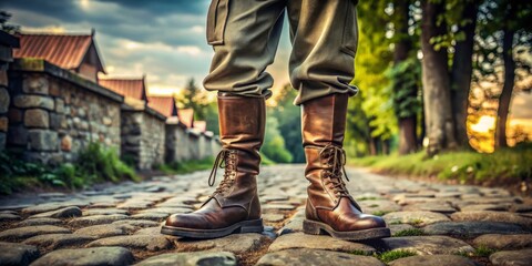 Fototapeta premium Focusing on a Polish soldier's legs in World War II attire, this close-up captures boots resting on significant
